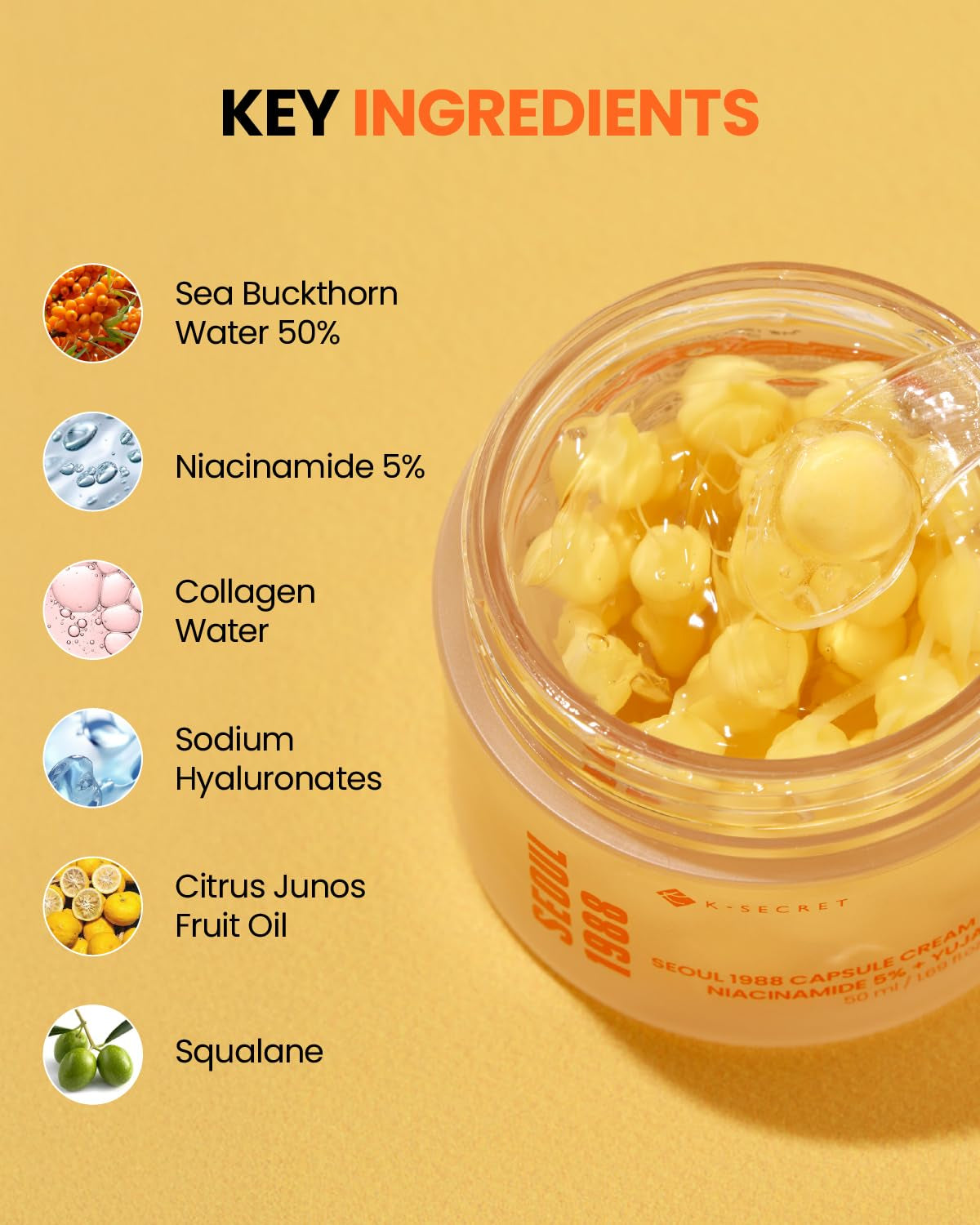 KSECRET SEOUL 1988 Capsule Cream : Niacinamide 5% + Yuja, for Anti-Aging, Brightening, Texture Improvement, Hydration, 1.69 Fl.Oz./50Ml