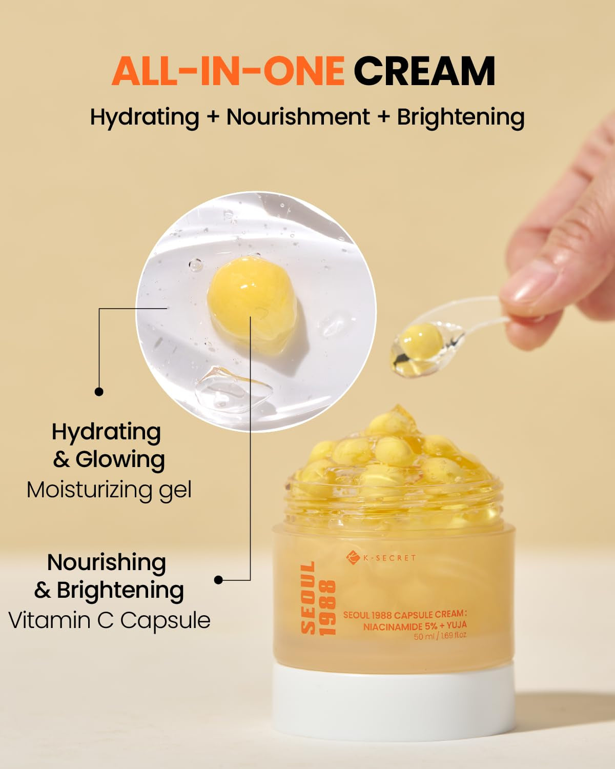 KSECRET SEOUL 1988 Capsule Cream : Niacinamide 5% + Yuja, for Anti-Aging, Brightening, Texture Improvement, Hydration, 1.69 Fl.Oz./50Ml